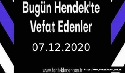 Bugün Hendek'te Vefat Edenler 07.12.2020