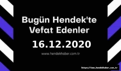 Bugün Hendek'te Vefat Edenler 15.12.2020