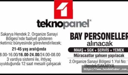 Sakarya Hendek 2. OSB Teknopanel Firmasından iş ilanı...