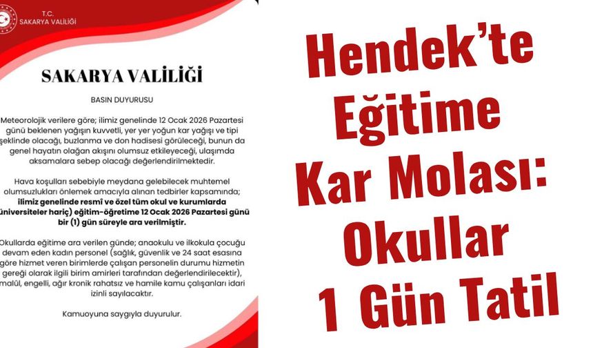 Hendek’te Eğitime Kar Molası: Okullar 1 Gün Tatil