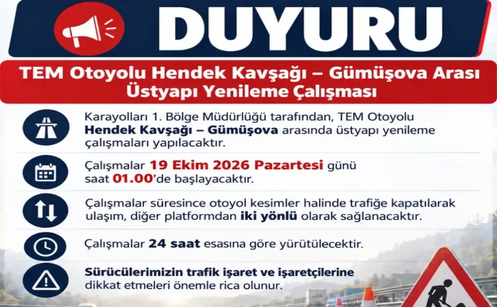 TEM Hendek-Gümüşova Arasında Üstyapı Yenileme Çalışması