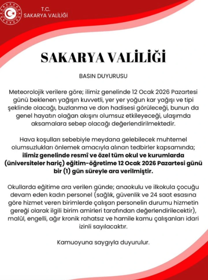 Hendek’te Eğitime Kar Molası: Okullar 1 Gün Tatil