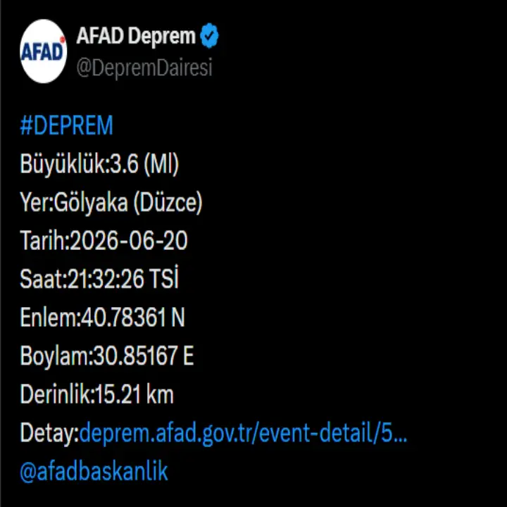 Afad Duzce Golyaka Deprem Tweeti 20 Haziran 2026